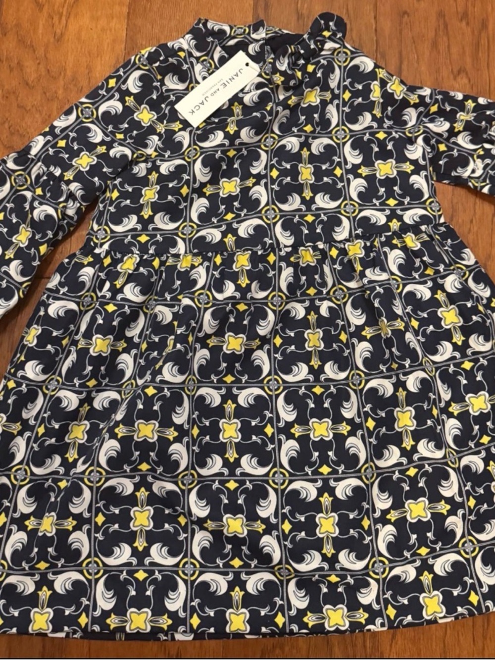 NWT!! Janie and Jack Navy, White & Yellow Tile-Print Long-Sleeve Kids Dress